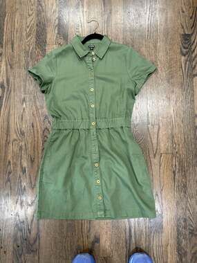 J.Crew Button-Front Chino Utility Short Sleeve Dress in Army Green